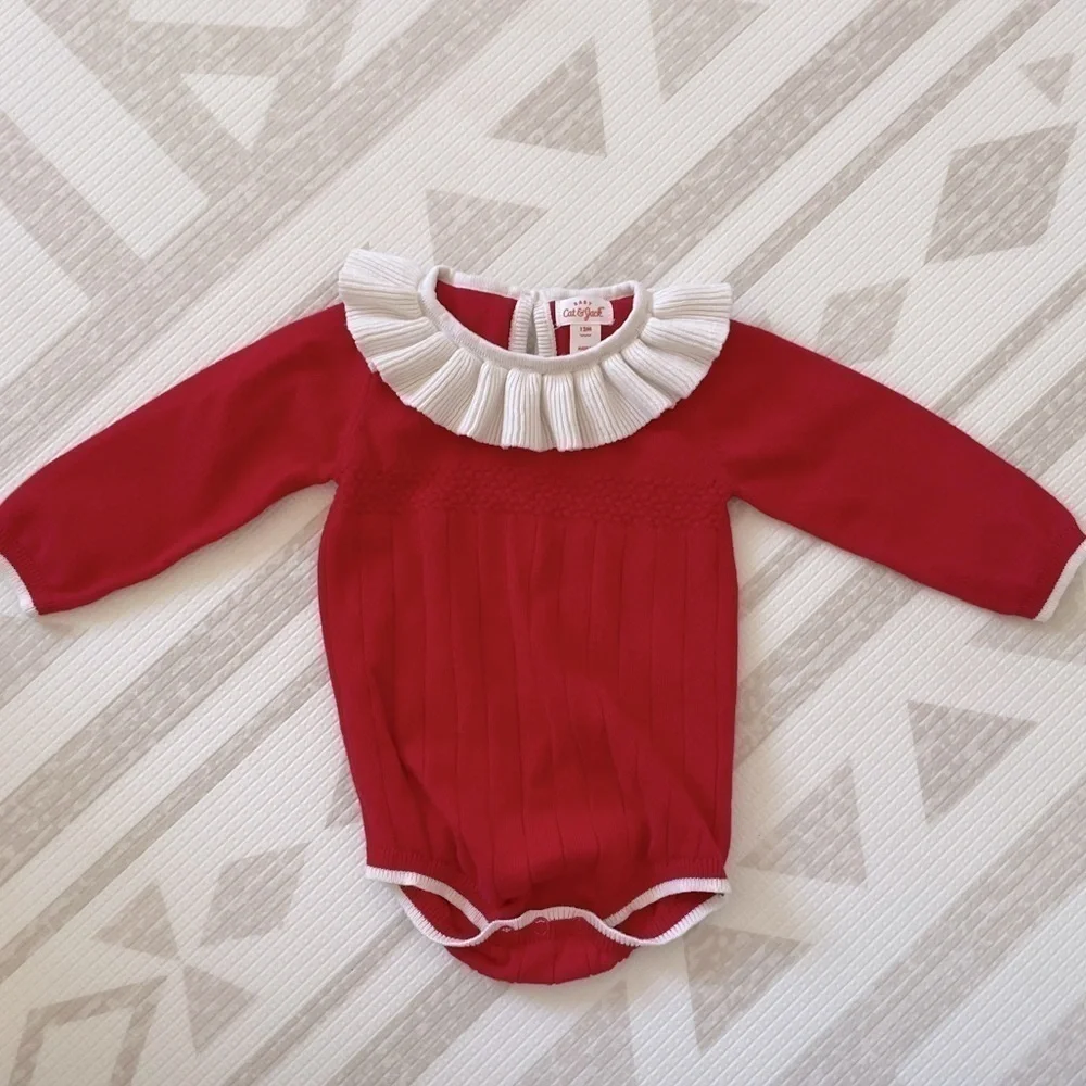 Cat & Jack knit Christmas outfit onesie 12 month ruffle collar like new!